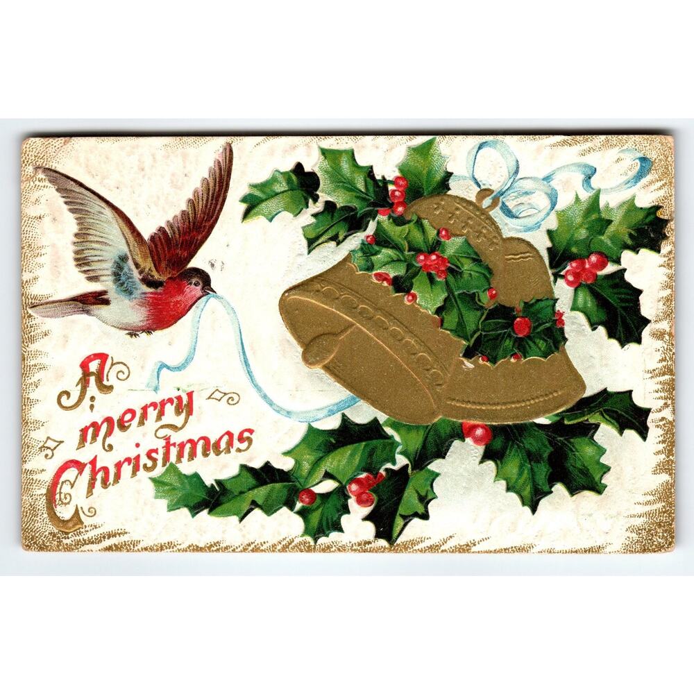 Vintage Embossed Christmas Postcard with Bird & Bells, 1910s